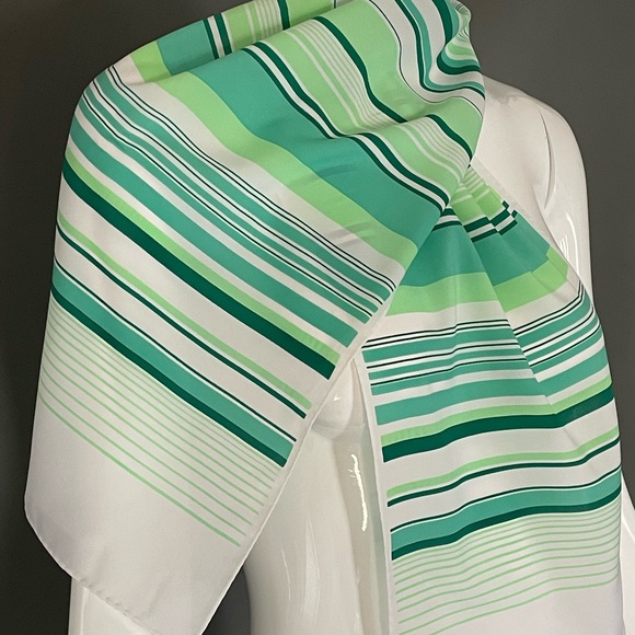 Super Cute Vintage Greens Stripes Poly Scarf 10 In by 46 Exc Condition - Picture 4 of 8